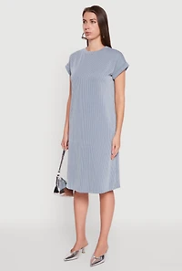 Womens Rib Knit Shadow Stripe Fixed Cuff T-Shirt Dress, Blue,