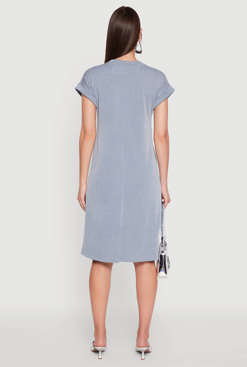 Womens Rib Knit Shadow Stripe Fixed Cuff T-Shirt Dress, Blue,