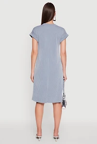 Womens Rib Knit Shadow Stripe Fixed Cuff T-Shirt Dress, Blue,