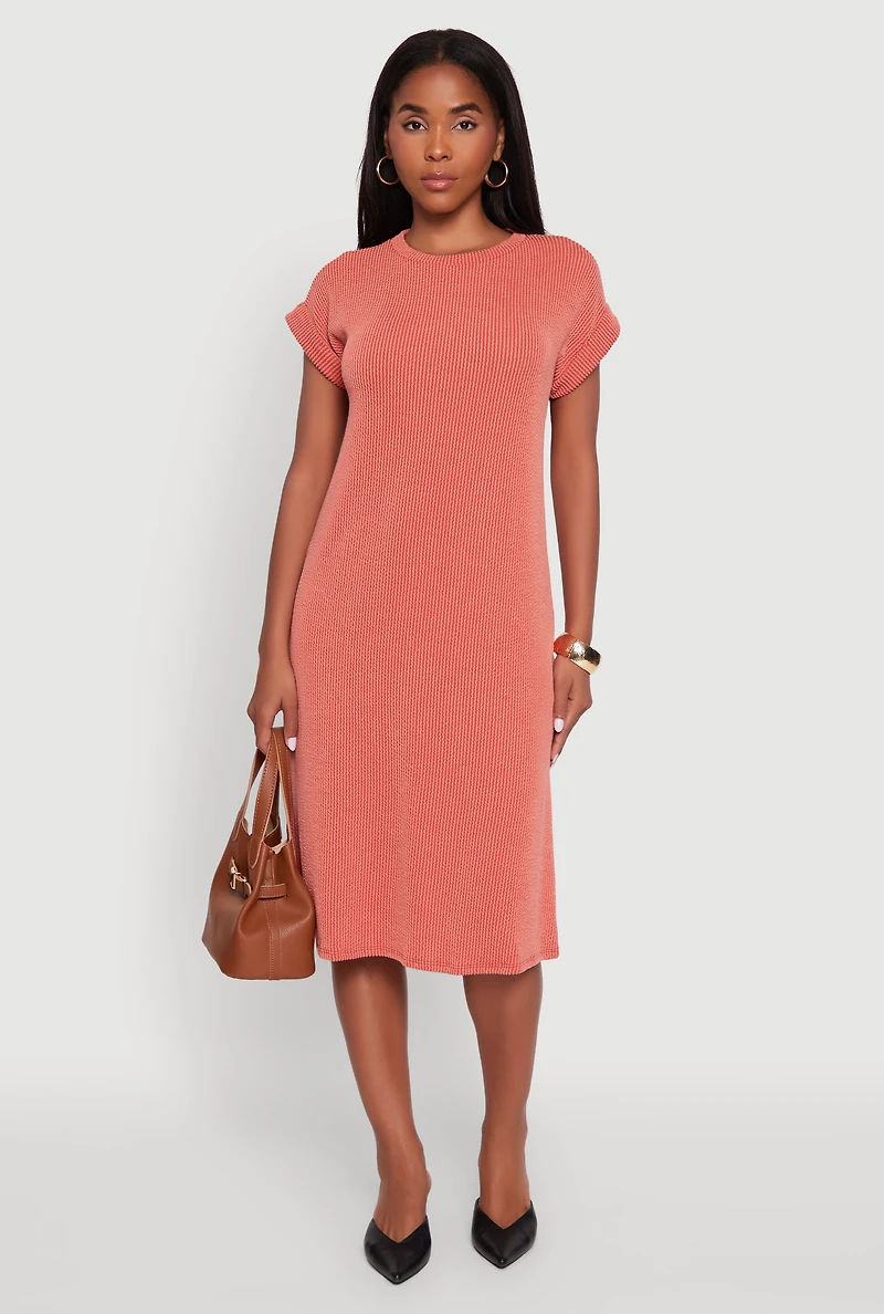 Womens Rib Knit Shadow Stripe Fixed Cuff T-Shirt Dress, Orange, Size M