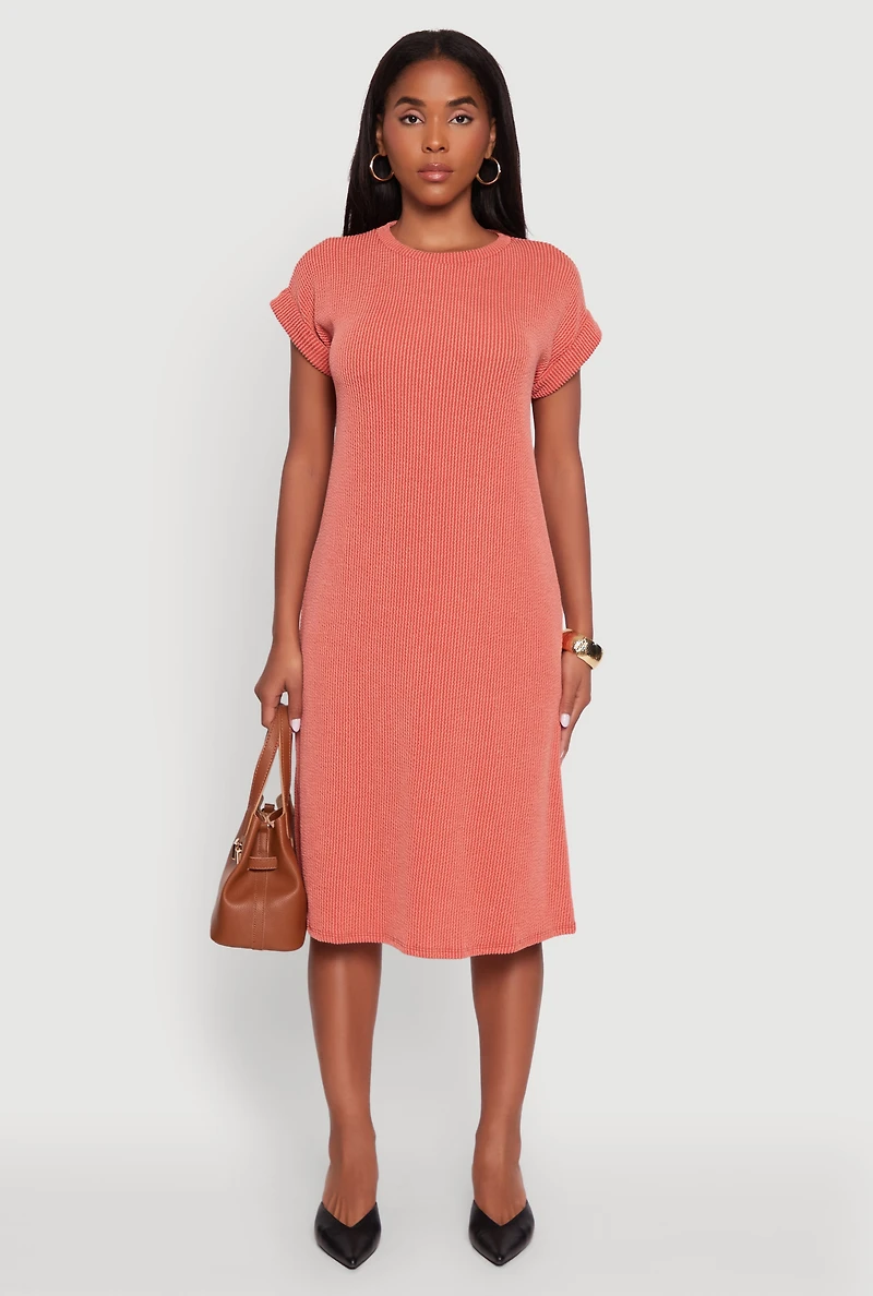 Womens Rib Knit Shadow Stripe Fixed Cuff T-Shirt Dress, Orange, Size M