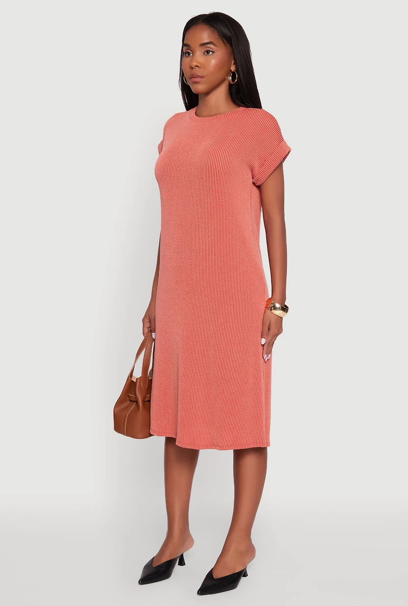 Womens Rib Knit Shadow Stripe Fixed Cuff T-Shirt Dress, Orange, Size M