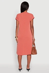 Womens Rib Knit Shadow Stripe Fixed Cuff T-Shirt Dress, Orange, Size M