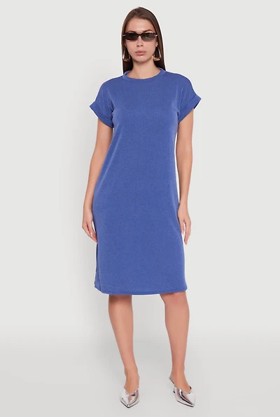 Womens Rib Knit Shadow Stripe Fixed Cuff T-Shirt Dress,