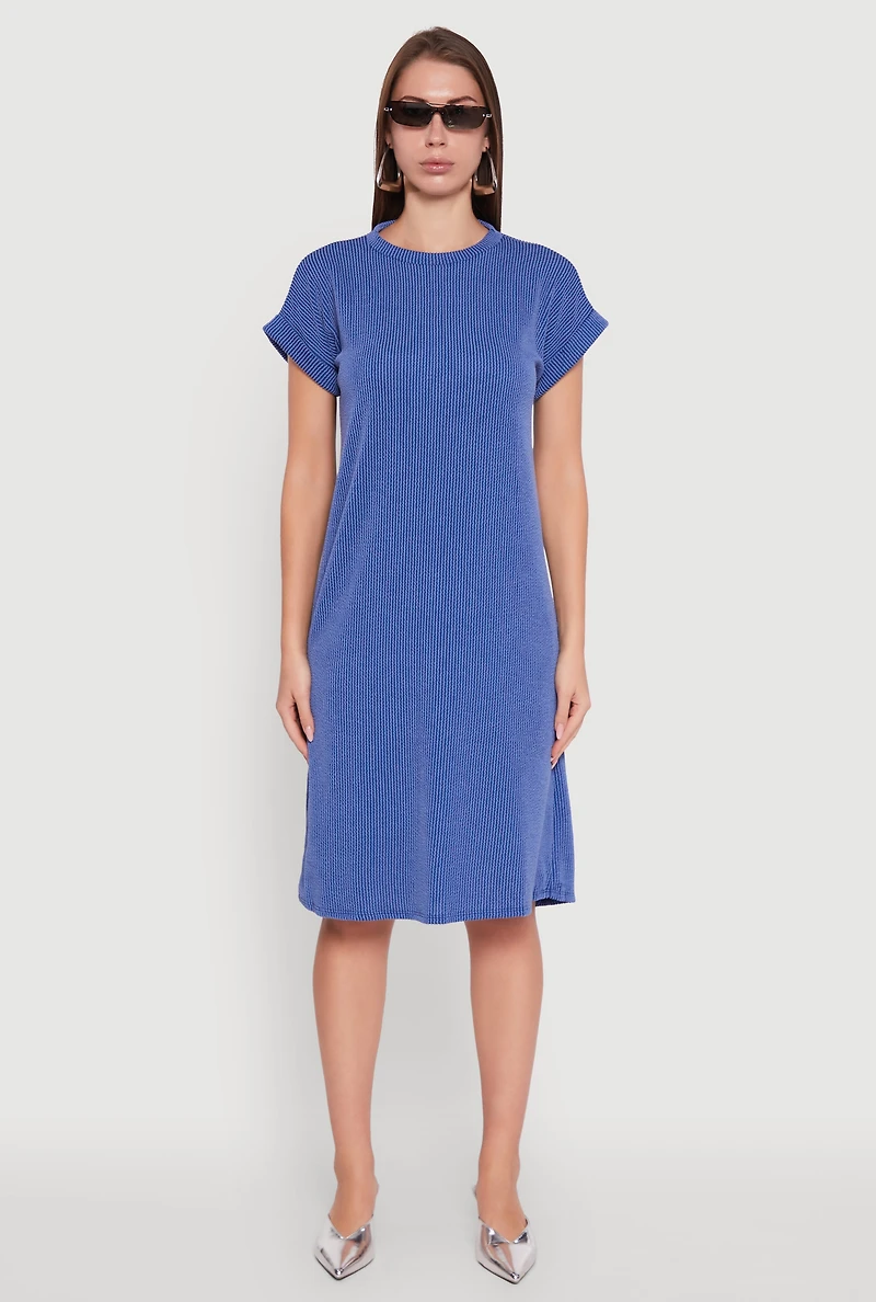 Womens Rib Knit Shadow Stripe Fixed Cuff T-Shirt Dress, Blue,