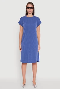 Womens Rib Knit Shadow Stripe Fixed Cuff T-Shirt Dress, Blue, Size L