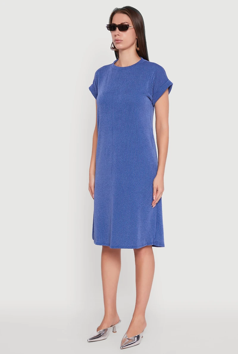 Womens Rib Knit Shadow Stripe Fixed Cuff T-Shirt Dress, Blue,