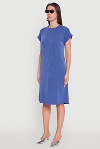 Womens Rib Knit Shadow Stripe Fixed Cuff T-Shirt Dress, Blue, Size M