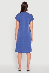 Womens Rib Knit Shadow Stripe Fixed Cuff T-Shirt Dress,