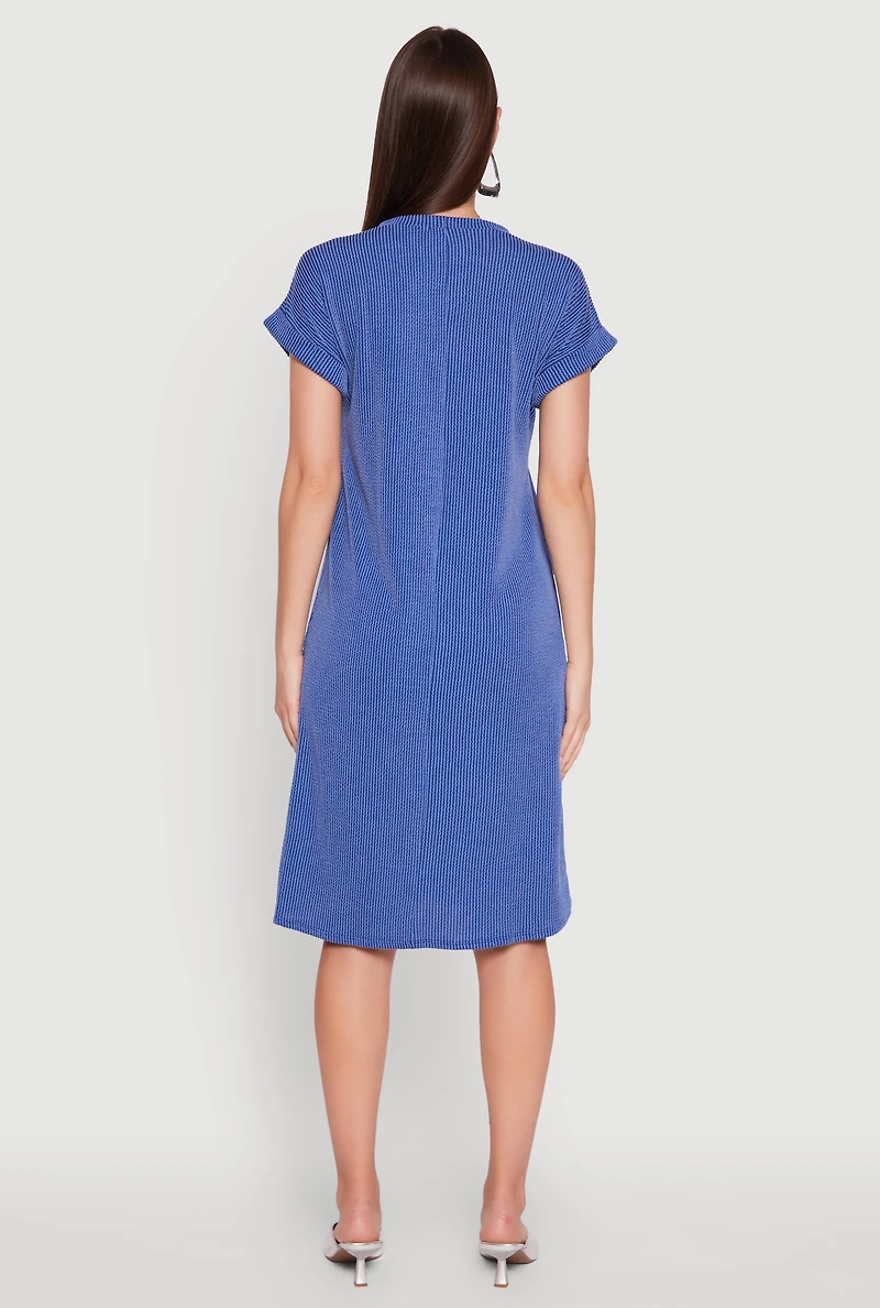 Womens Rib Knit Shadow Stripe Fixed Cuff T-Shirt Dress, Blue,