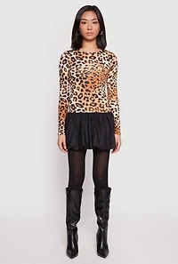 Leopard Print Long Sleeve Bubble Mini Dress
