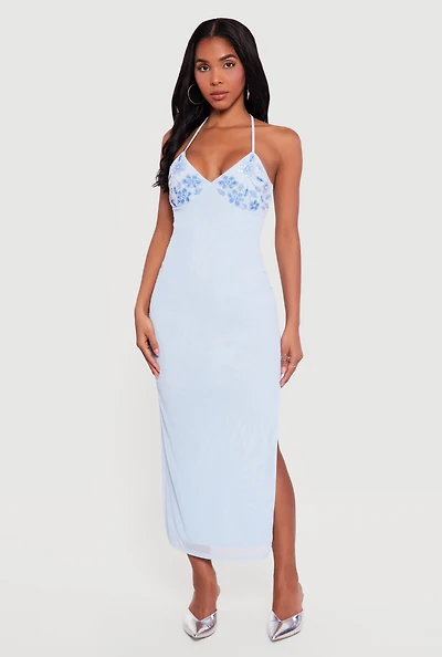 Floral Sequin Beaded Side Slit Halter Maxi Dress