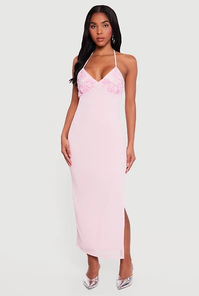 Floral Sequin Beaded Side Slit Halter Maxi Dress