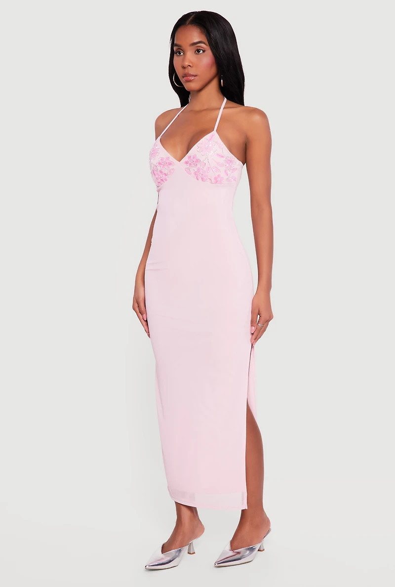 Floral Sequin Beaded Side Slit Halter Maxi Dress