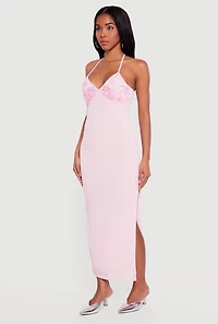 Floral Sequin Beaded Side Slit Halter Maxi Dress