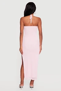 Floral Sequin Beaded Side Slit Halter Maxi Dress