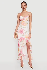 Almost Famous Floral Mesh Cowl Neck Ruffle Hem Maxi Dress