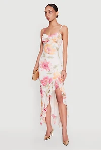 Almost Famous Floral Mesh Cowl Neck Ruffle Hem Maxi Dress