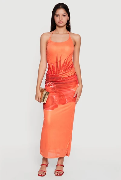 Floral Print Mesh Overlay Tie Back Halter Dress