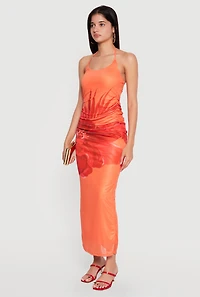 Floral Print Mesh Overlay Tie Back Halter Dress