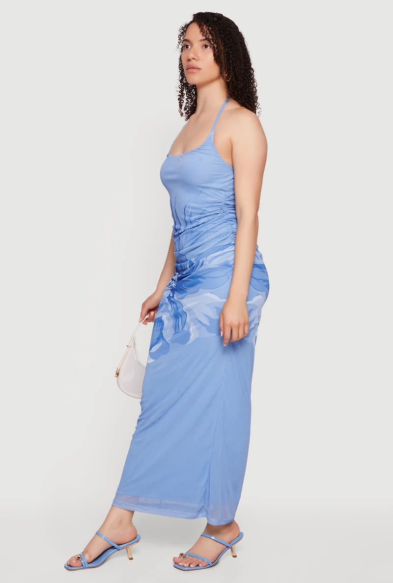 Floral Print Mesh Overlay Tie Back Halter Dress