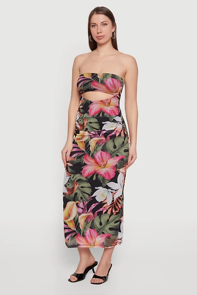 Patterned Keyhole Front Ruched Maxi Tube Dress