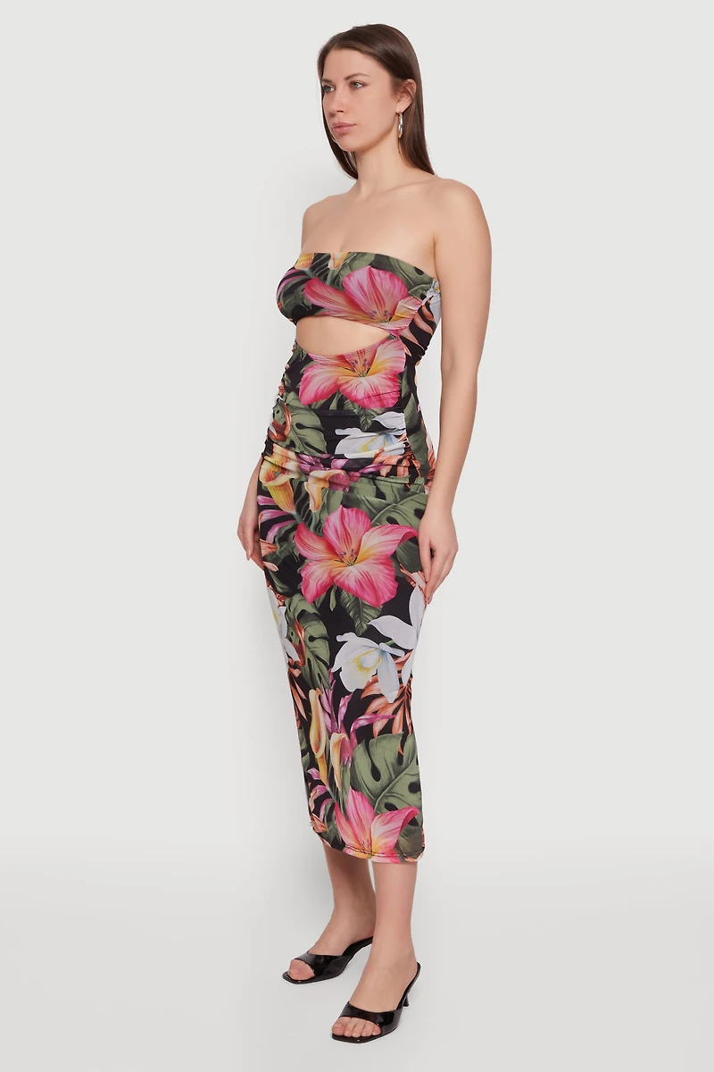 Patterned Keyhole Front Ruched Maxi Tube Dress