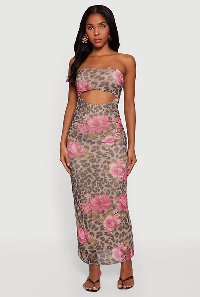 Patterned Keyhole Front Ruched Maxi Tube Dress