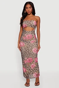 Patterned Keyhole Front Ruched Maxi Tube Dress