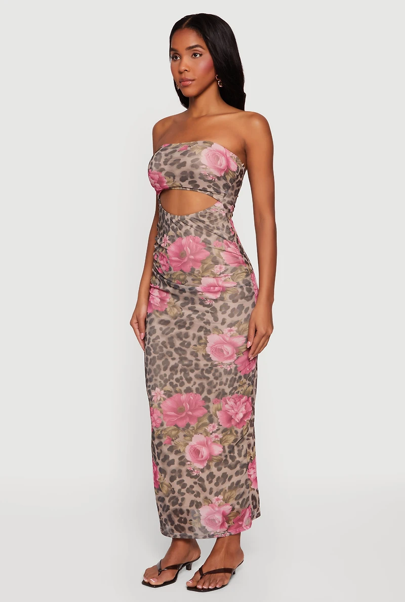 Patterned Keyhole Front Ruched Maxi Tube Dress