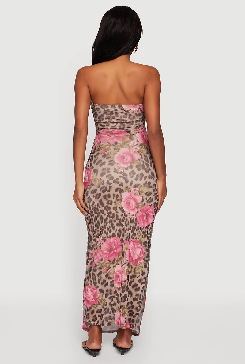 Patterned Keyhole Front Ruched Maxi Tube Dress