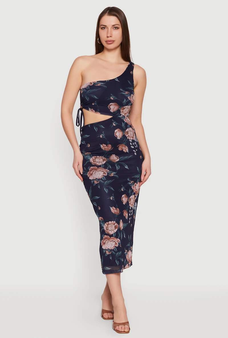 Floral Mesh Cutout Side One Shoulder Dress