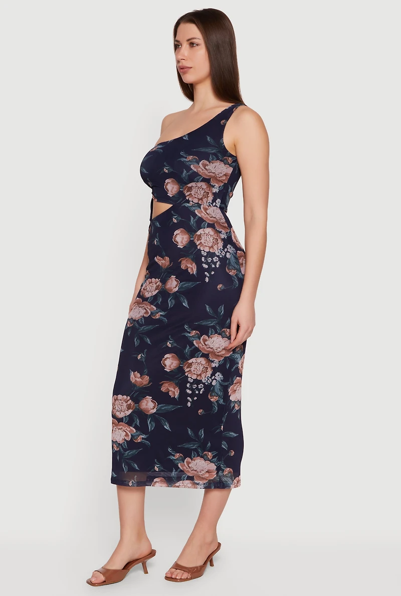 Floral Mesh Cutout Side One Shoulder Dress