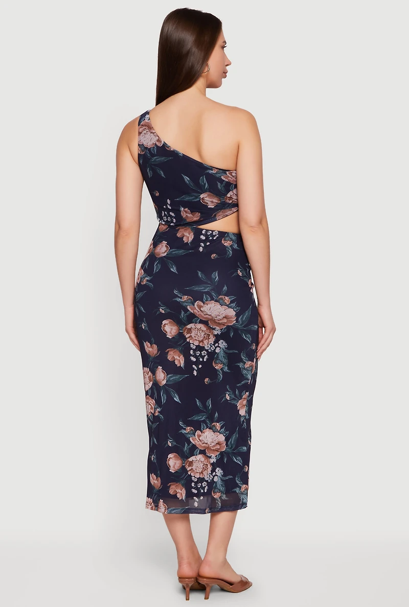 Floral Mesh Cutout Side One Shoulder Dress