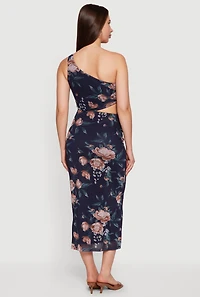 Floral Mesh Cutout Side One Shoulder Dress