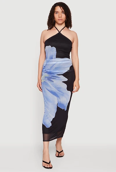 Almost Famous Abstract Flower Print Mesh Halter Dress