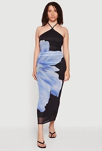 Almost Famous Abstract Flower Print Mesh Halter Dress