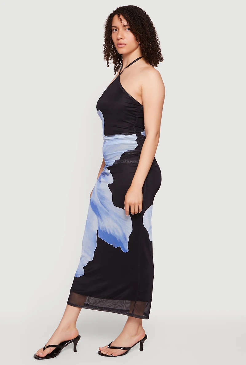 Almost Famous Abstract Flower Print Mesh Halter Dress