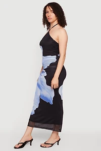 Almost Famous Abstract Flower Print Mesh Halter Dress