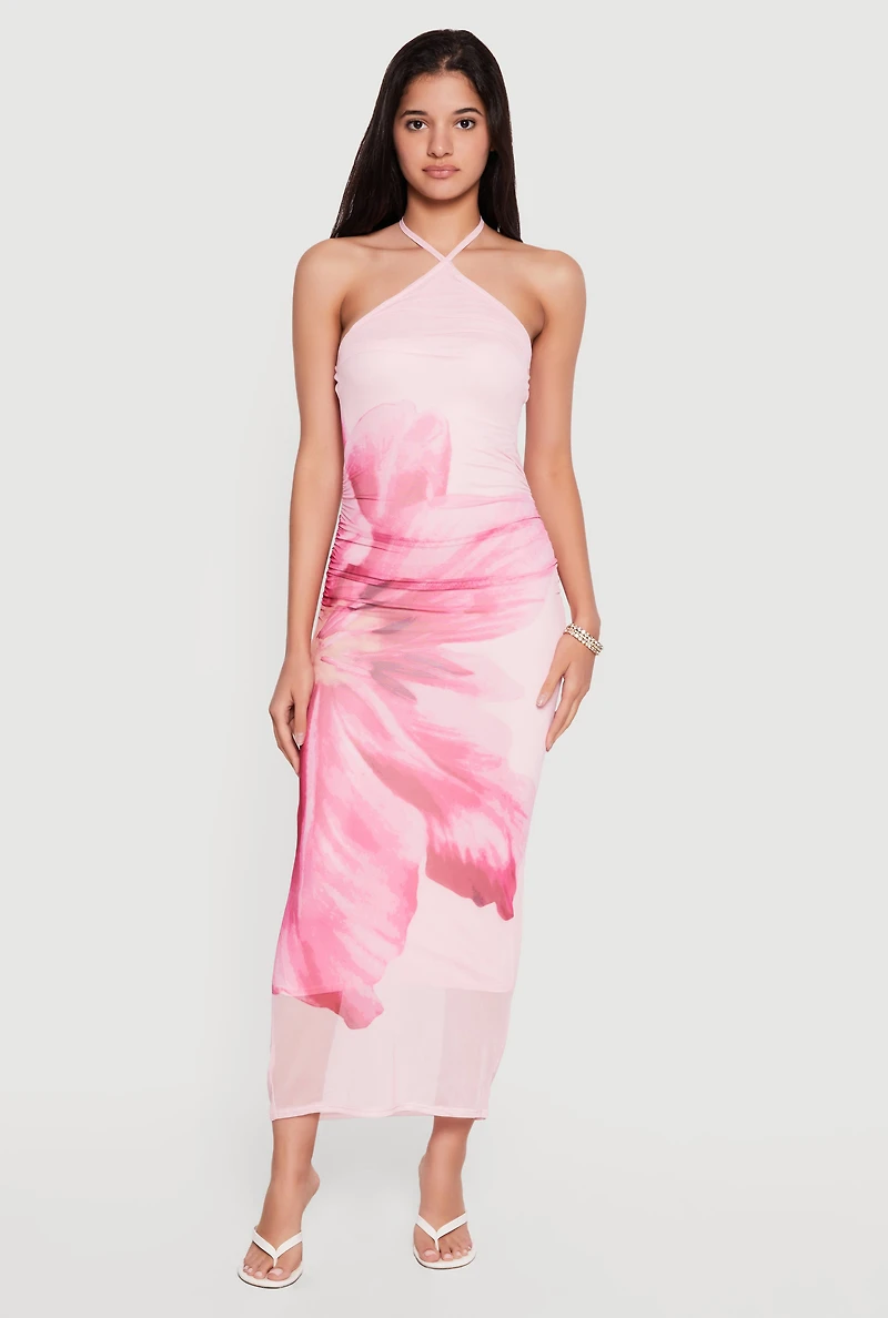 Almost Famous Abstract Flower Print Mesh Halter Dress