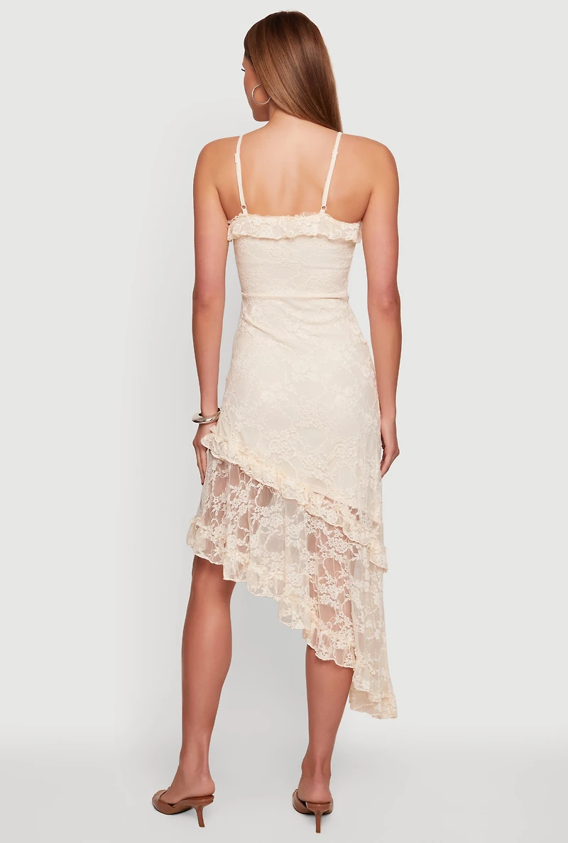 Lace Asymmetrical Ruffle Trim Maxi Dress