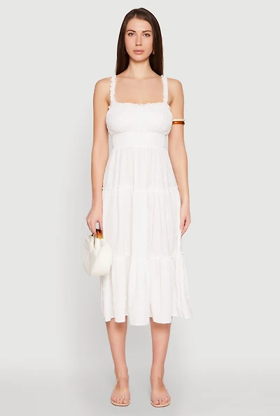 Womens Almost Famous Smocked Empire Waist Tiered Dress, White, Size M