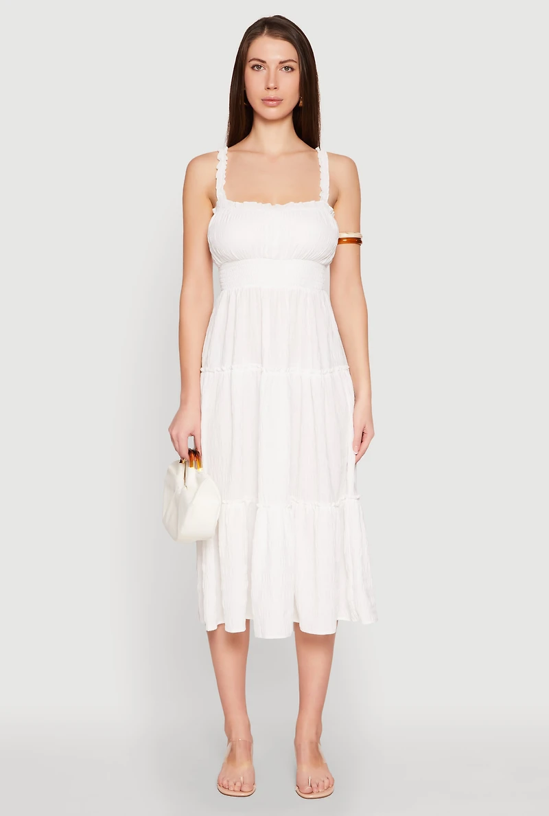 Womens Almost Famous Smocked Empire Waist Tiered Dress, White, Size L