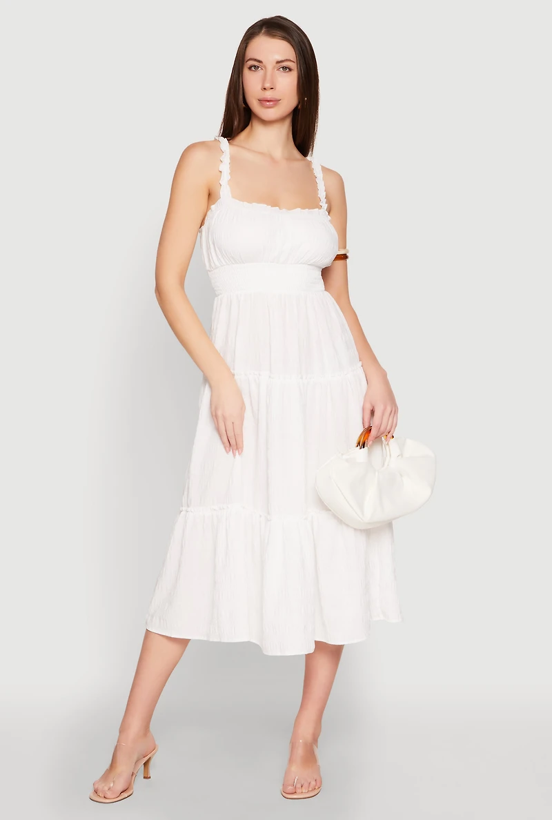 Womens Almost Famous Smocked Empire Waist Tiered Dress, White, Size L