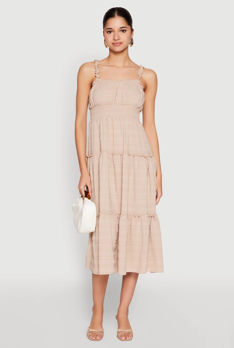 Womens Almost Famous Smocked Empire Waist Tiered Dress, L