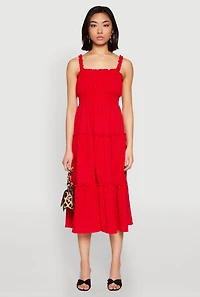 Womens Almost Famous Smocked Empire Waist Tiered Dress, Red, Size L