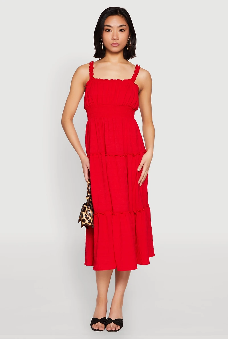 Womens Almost Famous Smocked Empire Waist Tiered Dress, Red, Size L