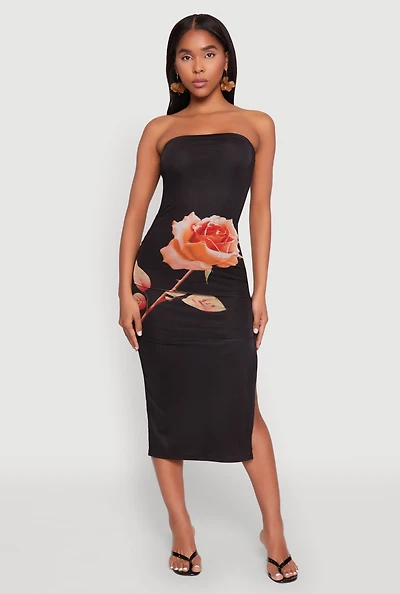 Womens Madden Girl Mesh Rose Graphic Tube Dress, Black, Size M