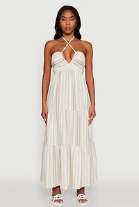 Madden Girl Striped Tiered Halter Maxi Dress