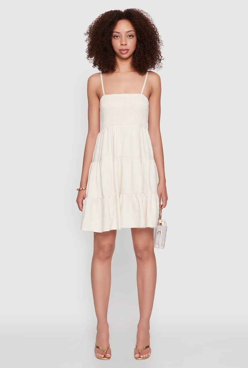 Womens Madden Girl Linen Tiered Sundress with Smocked Square Neck, Beige, Size L